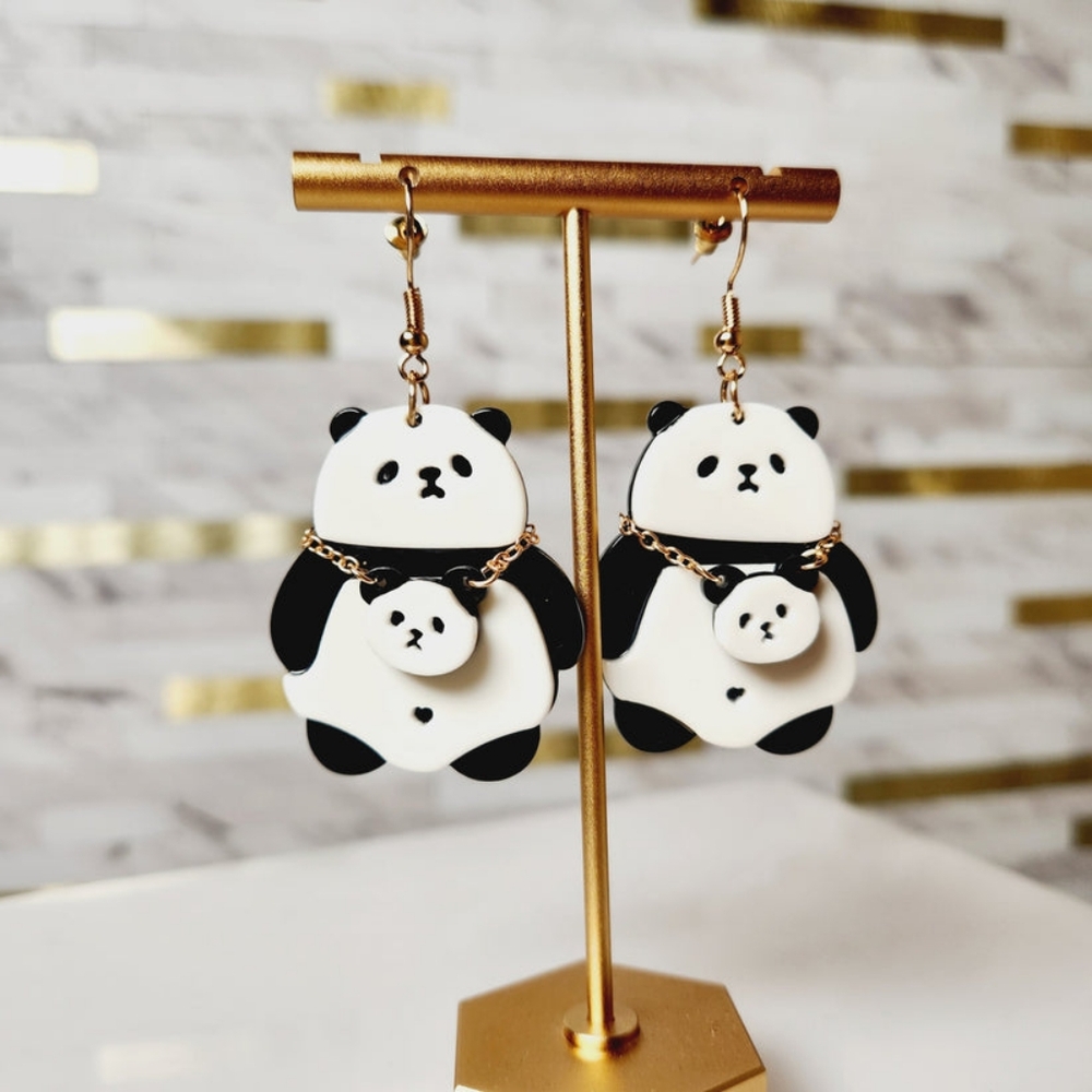 Cute Panda Bear Earrings with Panda Purses Black and White Acrylic Jewelry
